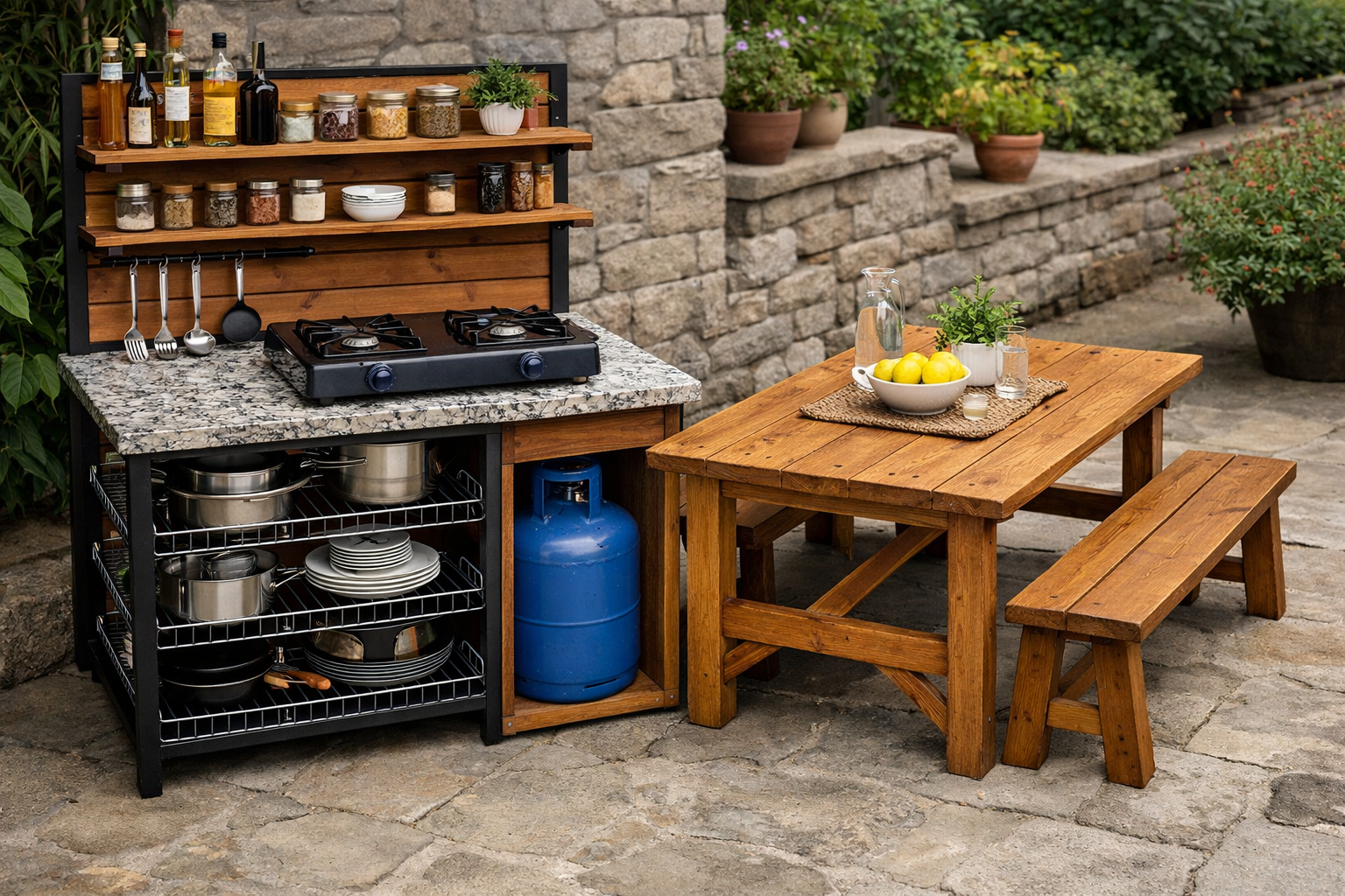 Outdoor Kitchen Set Table with Dining – Premium Granite Top